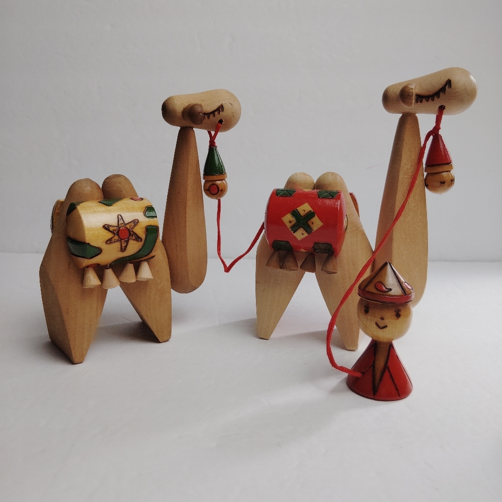 Vintage Soviet Russian Folk Art Camel & Drover Figurines, Painted Wood, Lovely!
